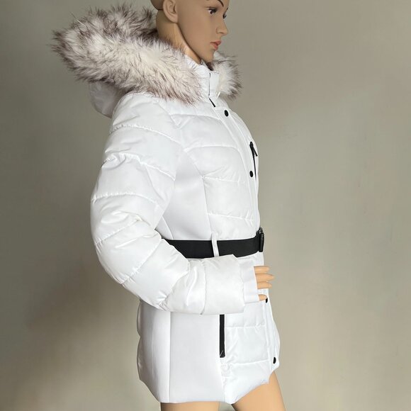 NWT London Fog White Belted Puffer Jacket, Faux Fur Hood, Size M - Winter Coats - Picture 4 of 9